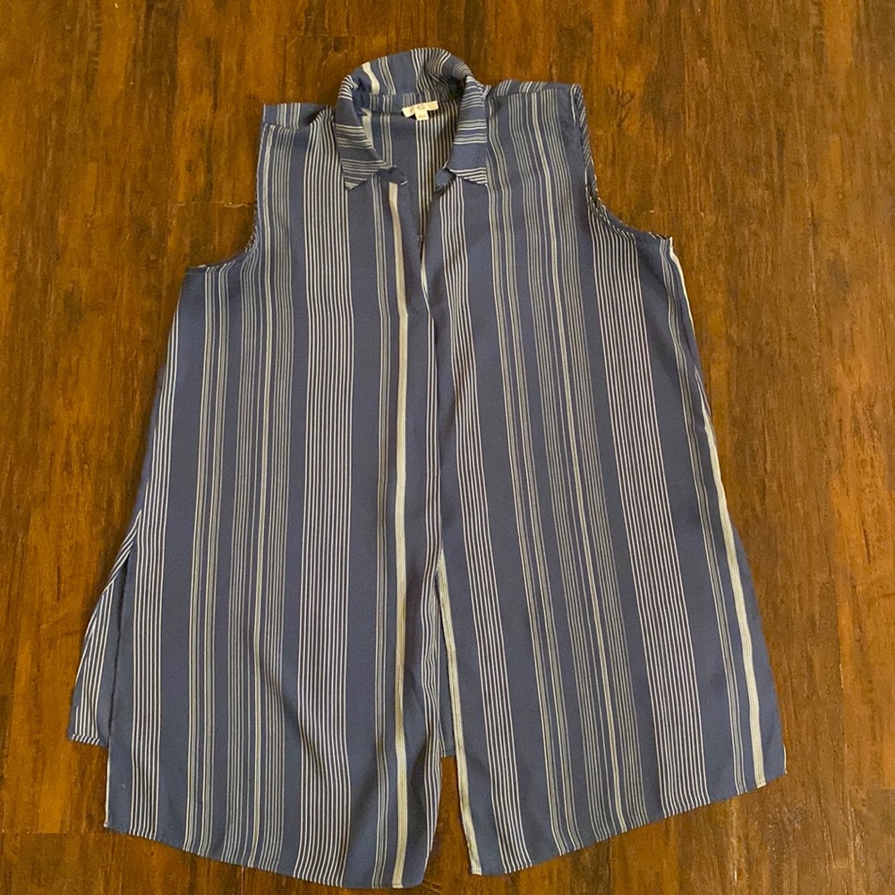 Blue with White stripe Sleeveless Collared Tunic with Front and Side Slits XL